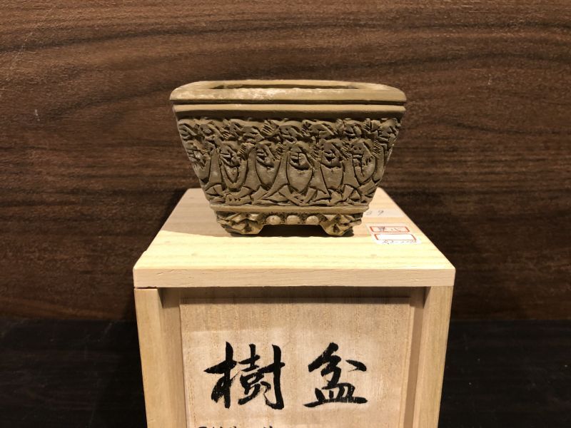 No.EYMT0039 岡谷是心 釘彫仙人坊主正方鉢 - Bonsai Network Japan